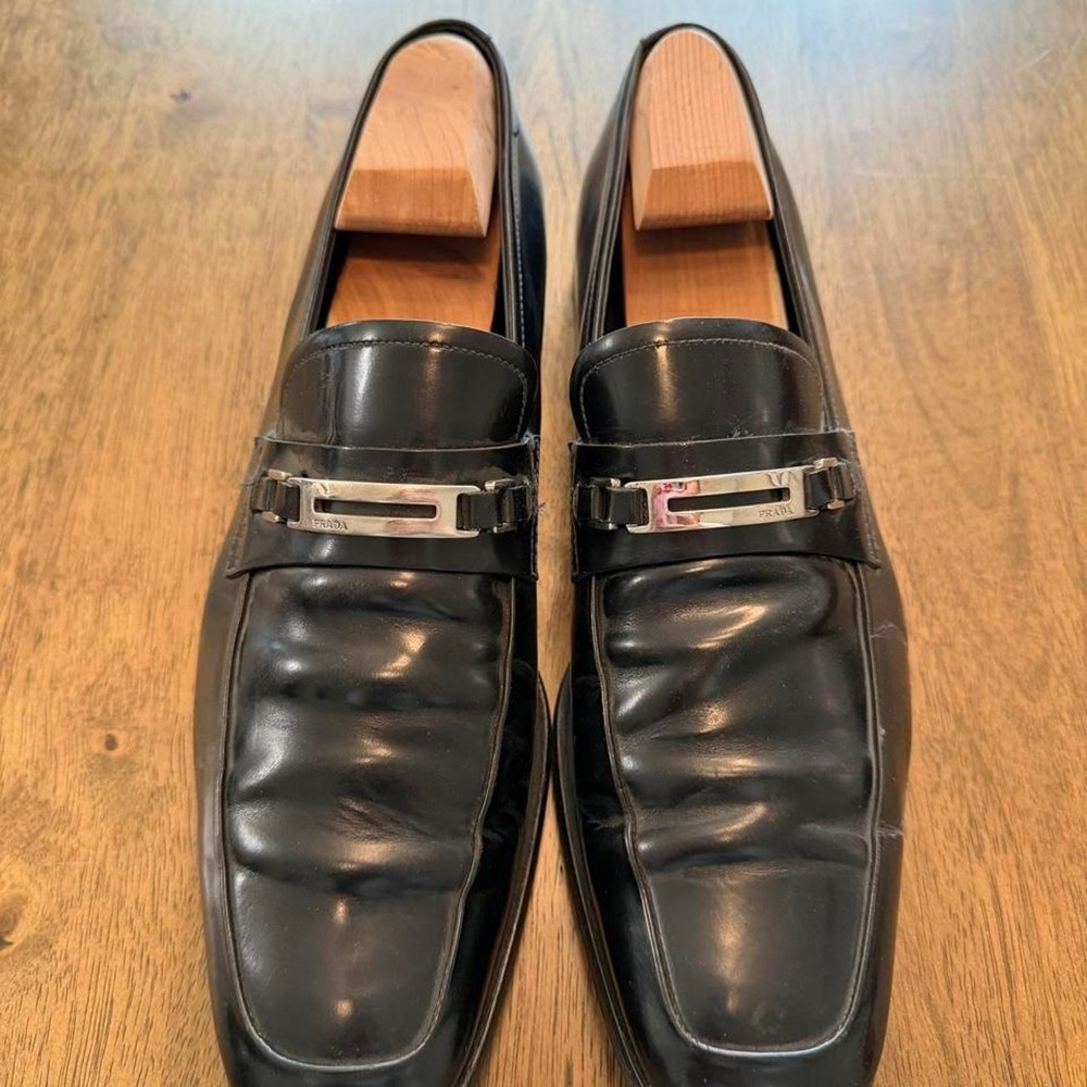 PRADA Mens Black Leather Silver Hardware Bar Loafers Dress Shoes Uk 9 US 10